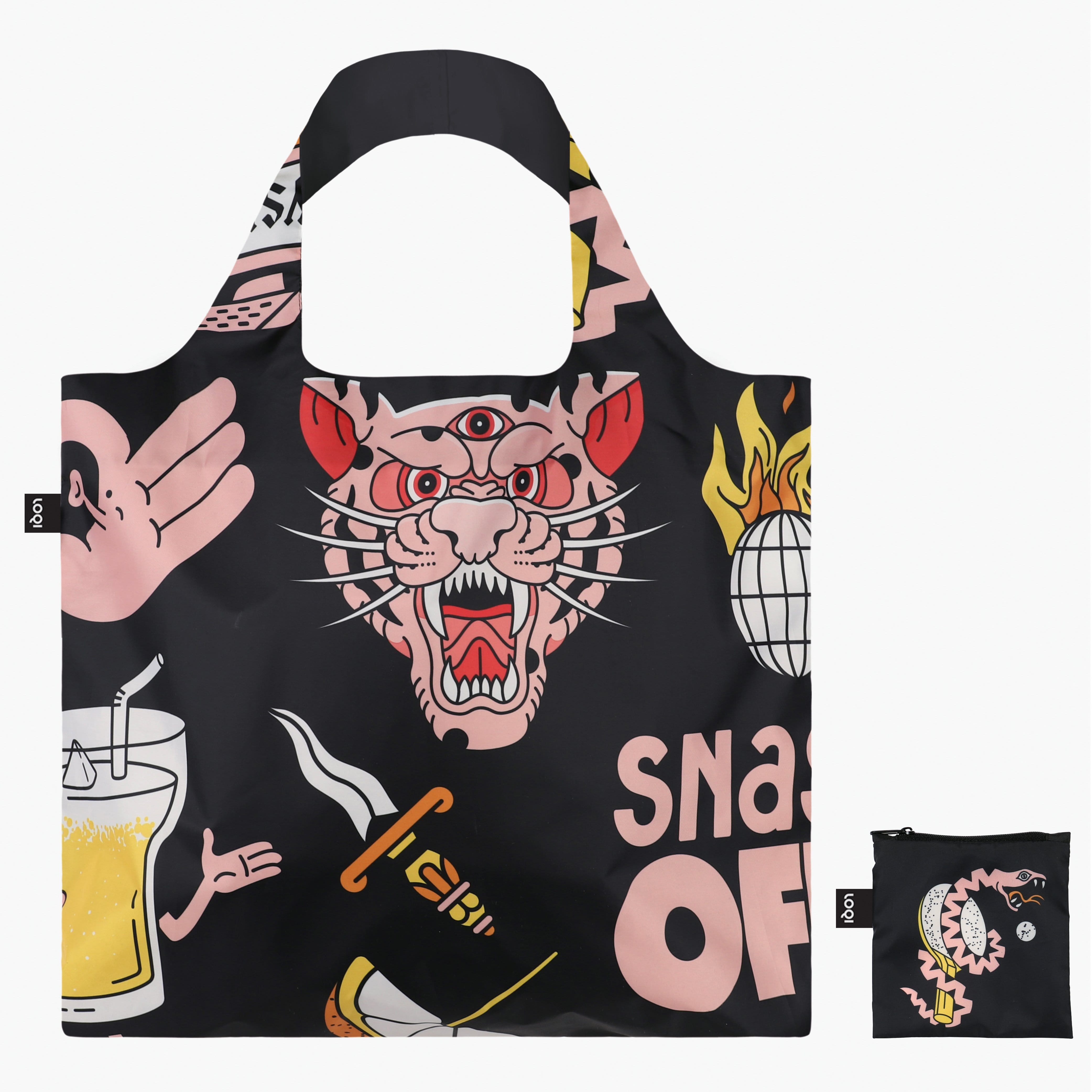 LOQI Táska LOQI Snask - Tiger Snake Beer Black Recycled Bag - környezetbarát bevásárlótáska